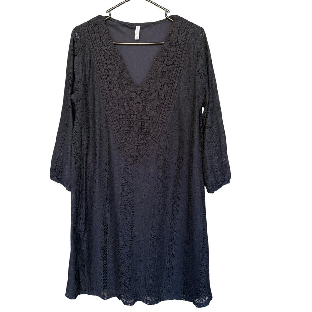 Xhilaration Dress Juniors XL Blue Crochet Lace 3/4 Sleeve Shift Lined Boho